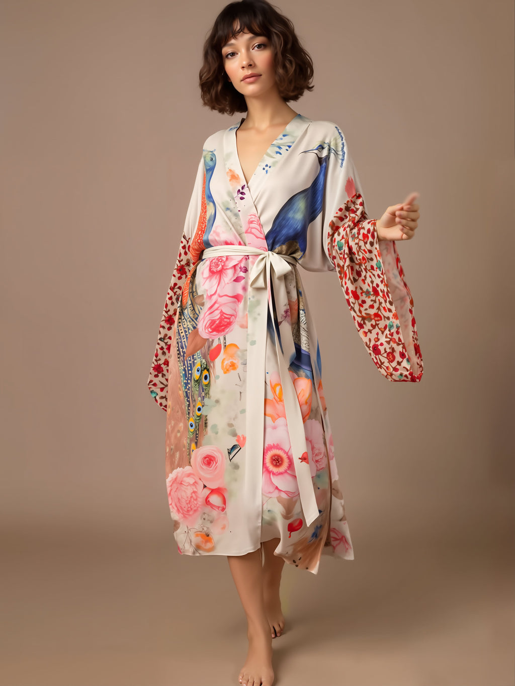 Woman wearing Blossom Flower printed bikini cover-up robe with colorful floral and bird design, belted wrap style.