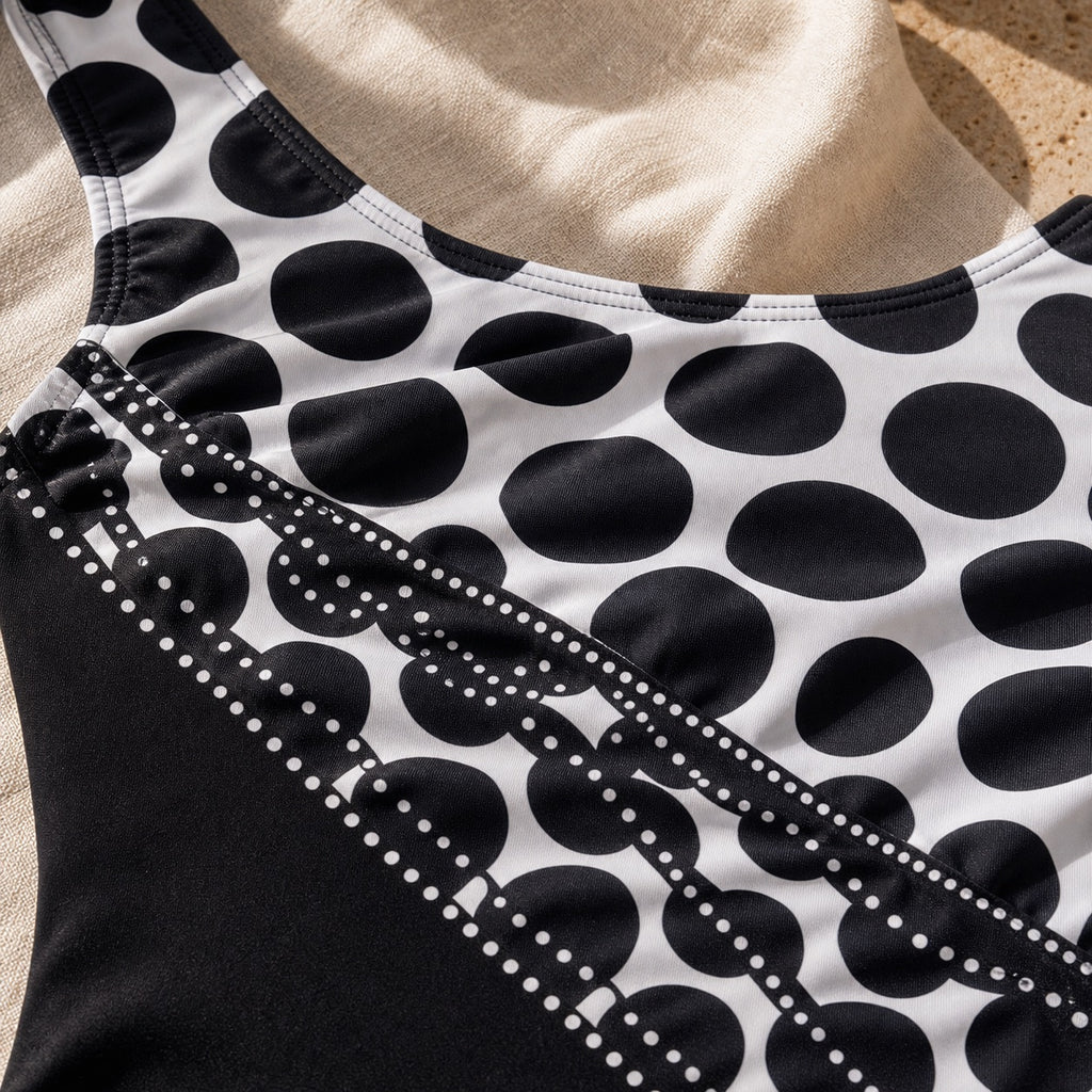 Soravea Mosaic black and white patchwork swimsuit fabric close-up