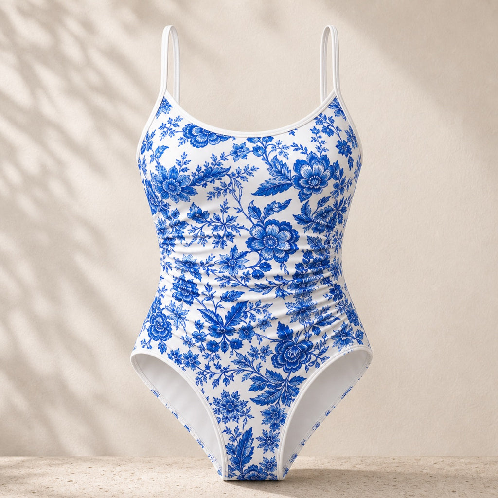 Soravea Porcelain blue floral one-piece swimsuit catalog front