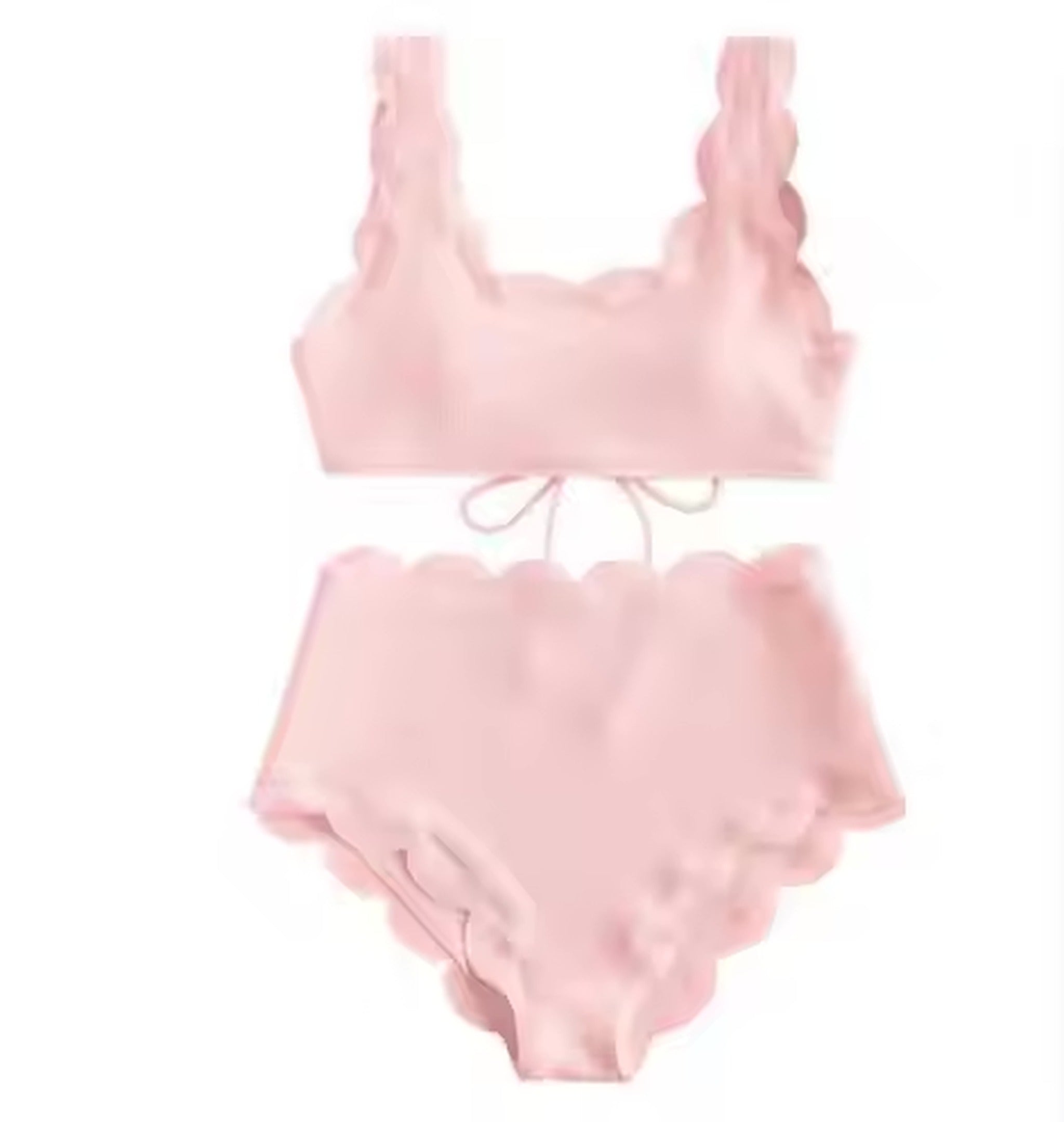 Pink ruffled bikini set with scalloped edges and tie-front closure