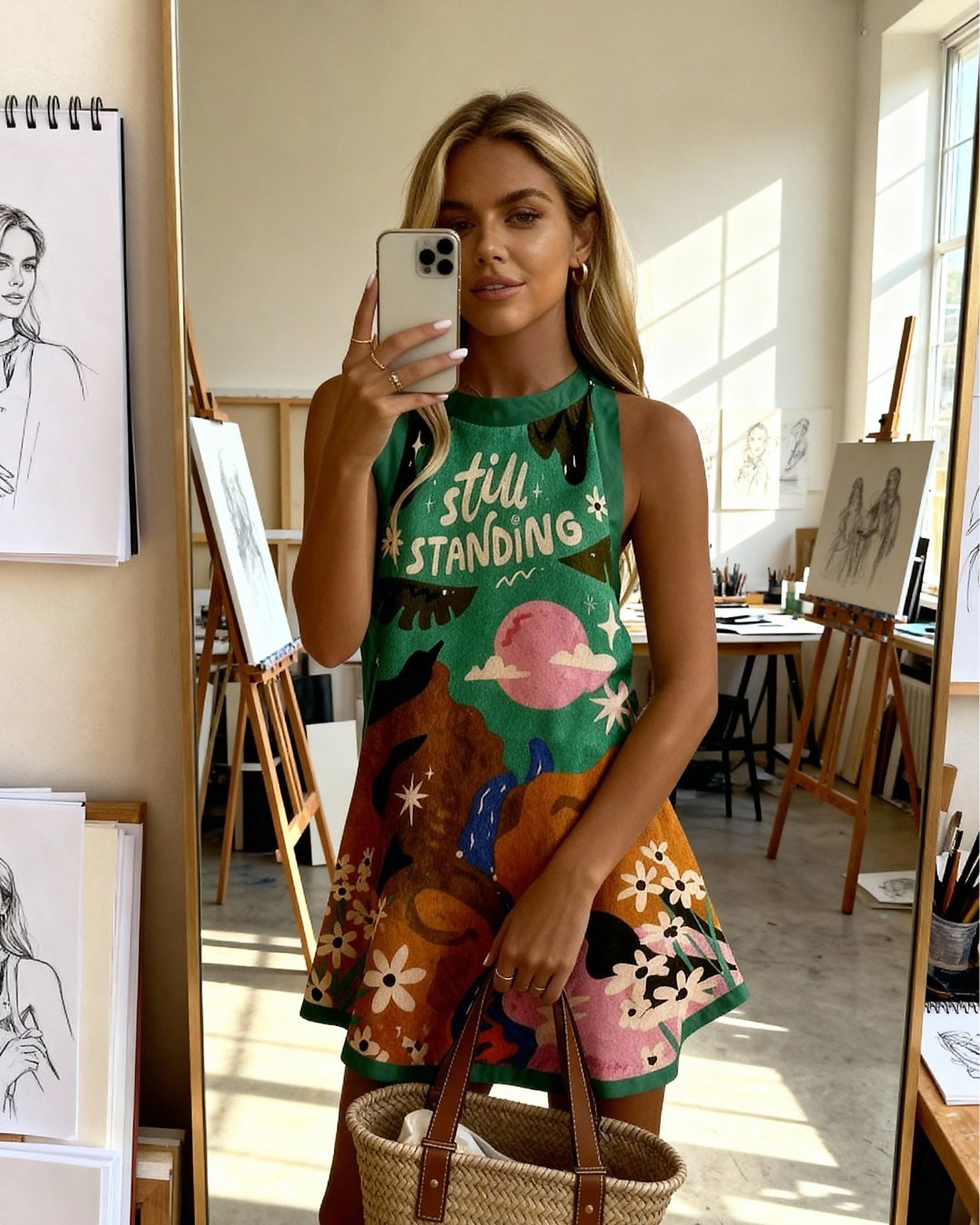 Woman wearing green Solstice Mini dress with colorful celestial and floral print, taking a mirror selfie in a bright studio