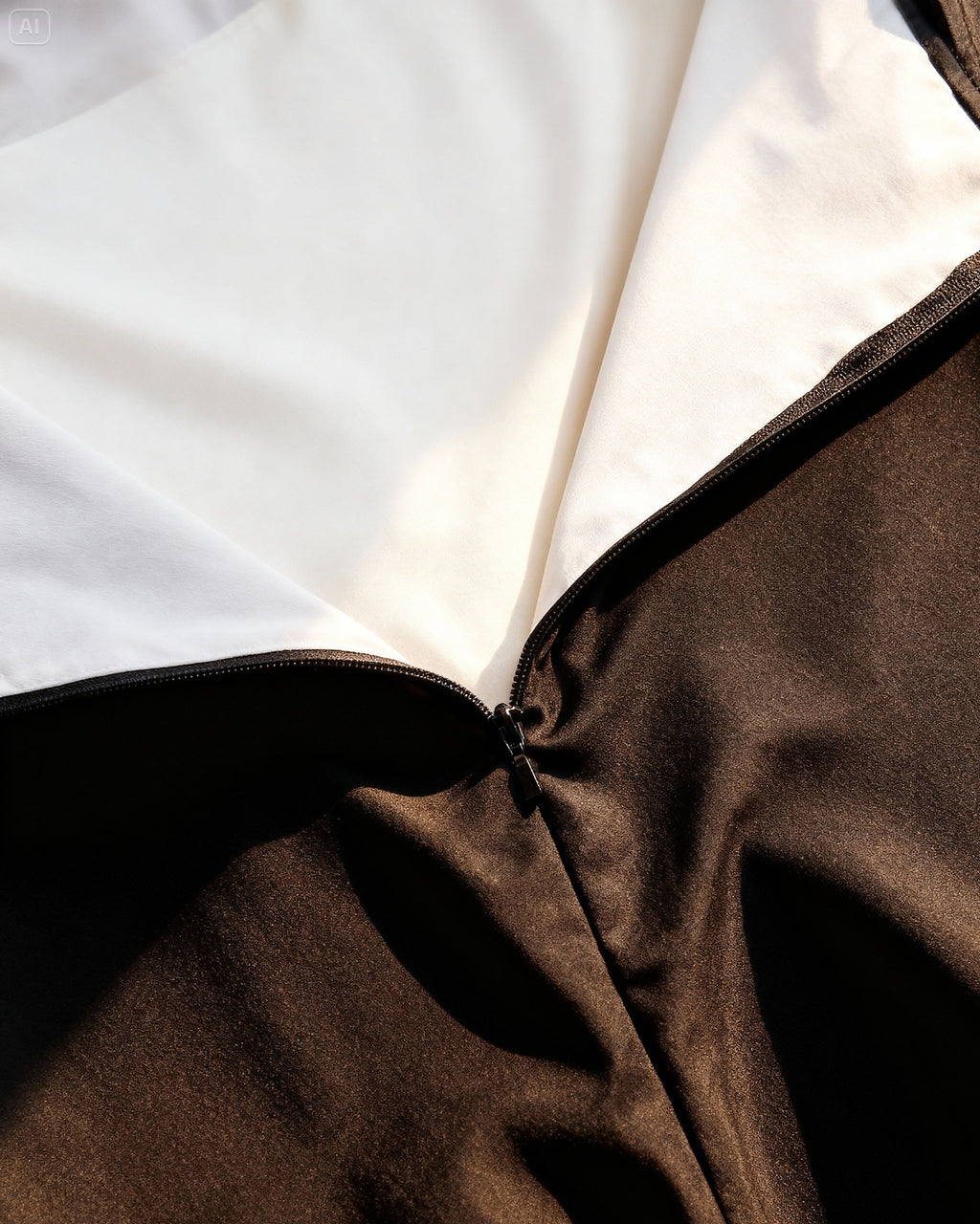 Brown and cream one-piece swimsuit with adjustable straps and elegant draping detail