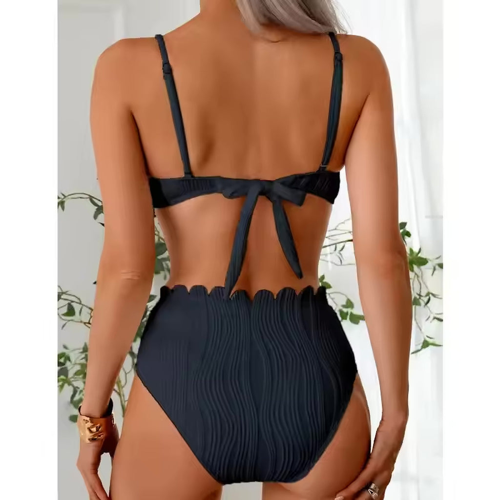 Black bikini with tie-back top and textured high-waist briefs, Aegean Kiss swimwear design