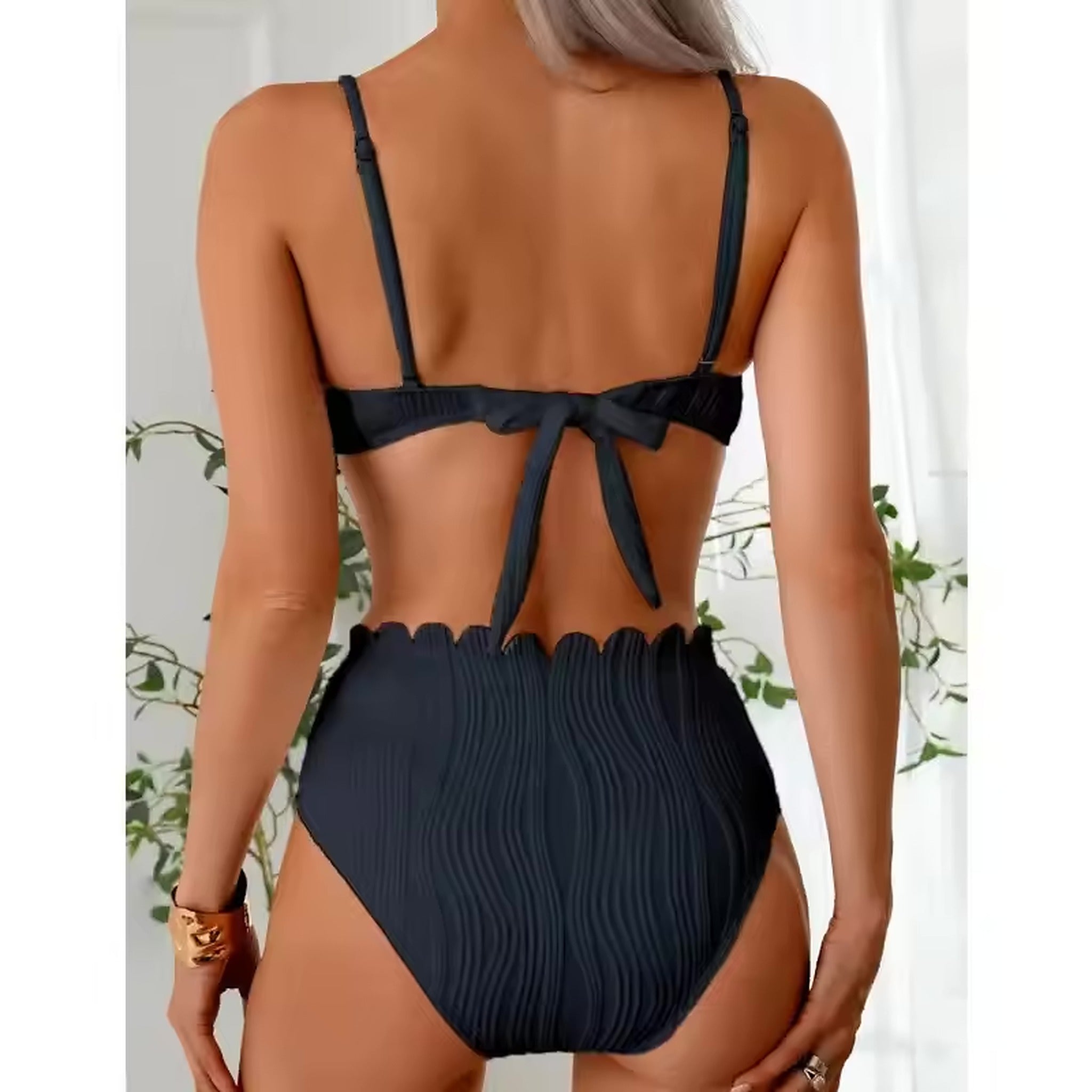 Black bikini with tie-back top and textured high-waist briefs, Aegean Kiss swimwear design