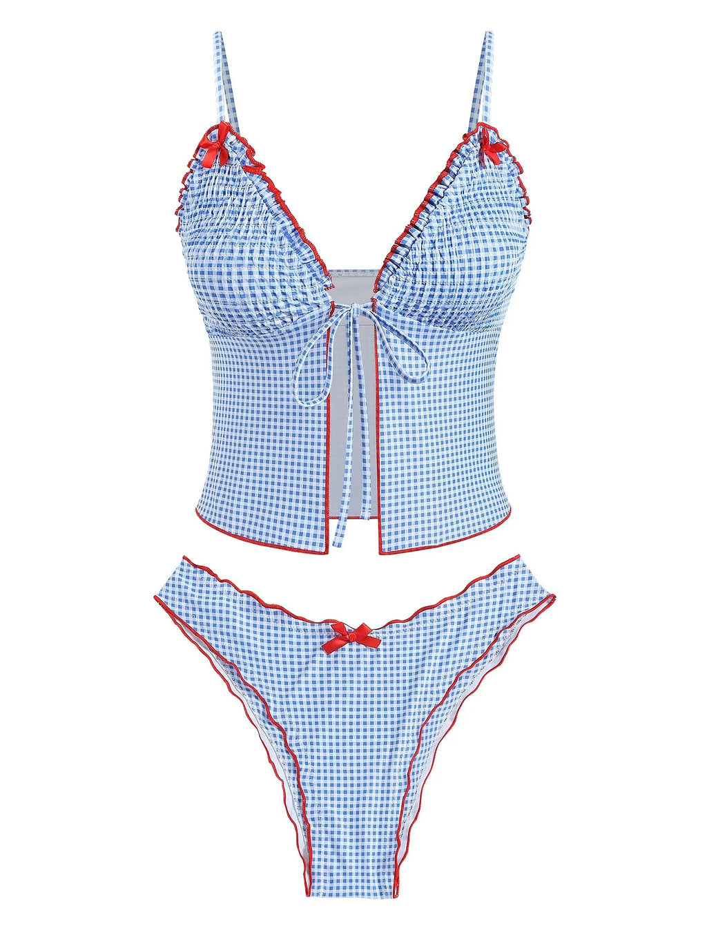 Blue gingham bikini with red ruffle trim and tie-front top detail
