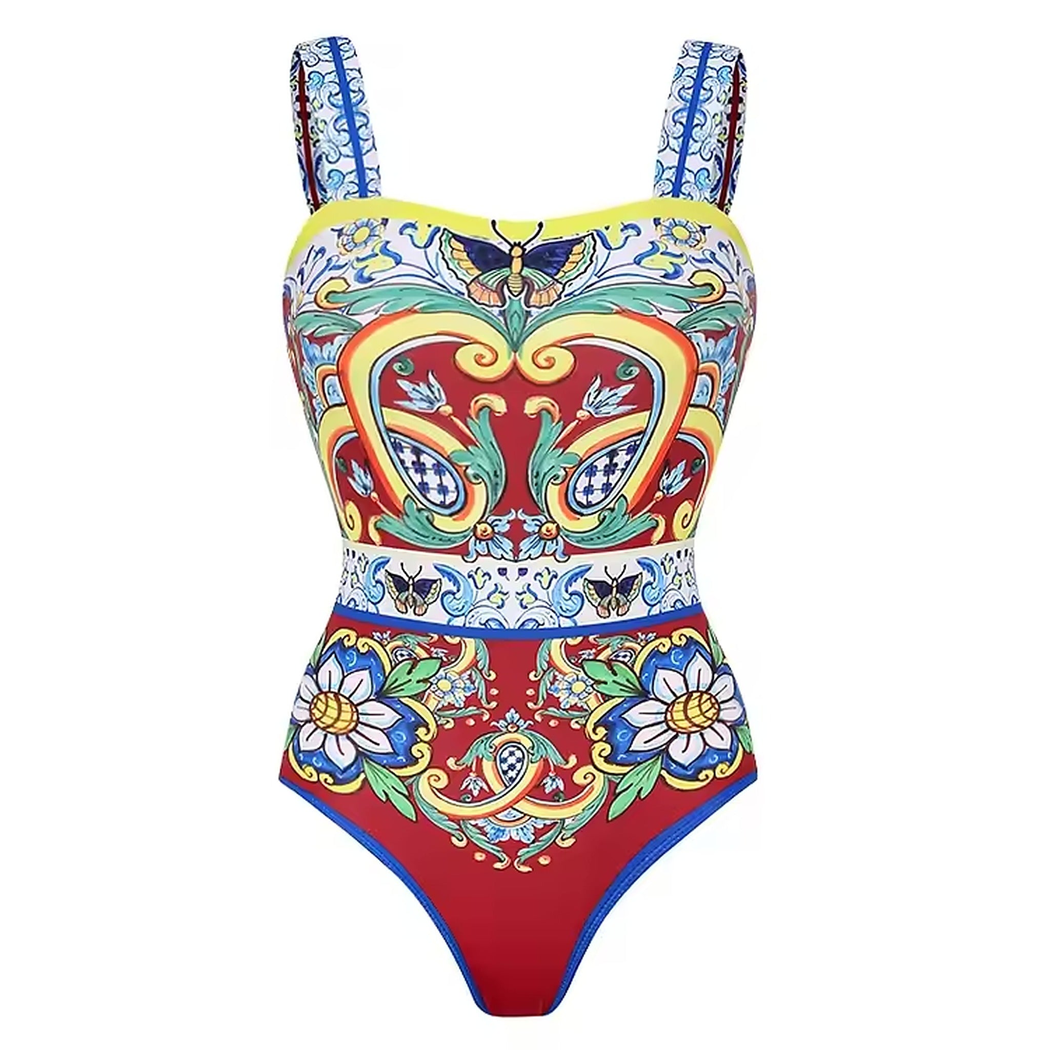 Capri Crush bikini with vibrant baroque floral print in red, yellow, blue and green featuring ornate butterfly and flower