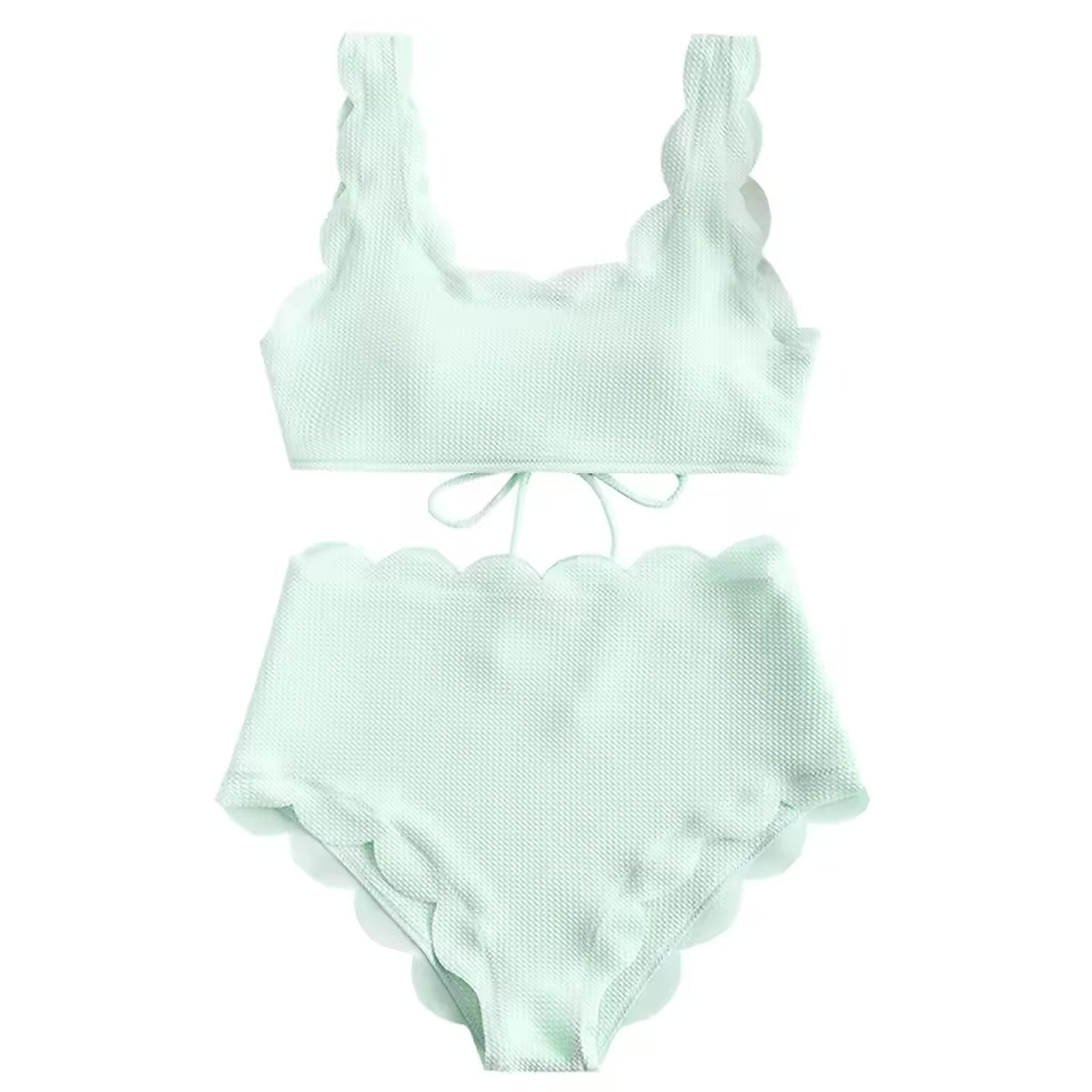Mint green textured bikini with ruffled shoulder straps and scalloped edges on both top and bottom pieces